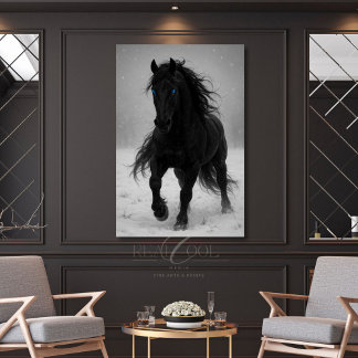 Majestic Black Stallion in Dreamy Winter Landscape Poster