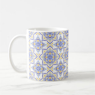 Majestic Bloom  Elegant Blue and Gold Floral Mosai Coffee Mug