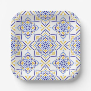 Majestic Bloom Elegant Blue and Gold Floral Mosai Paper Plate