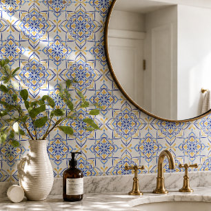 Majestic Bloom Elegant Blue and Gold Floral Mosai Tile