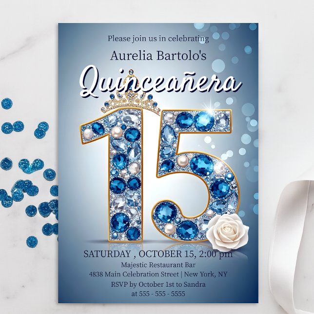 Majestic Blue and Silver Diamond Tiara Quinceanera Invitation (Creator Uploaded)