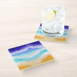 Majestic Blue and Teal Waves on Sandy Shore Glass Coaster