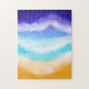 Majestic Blue and Teal Waves on Sandy Shore Jigsaw Puzzle
