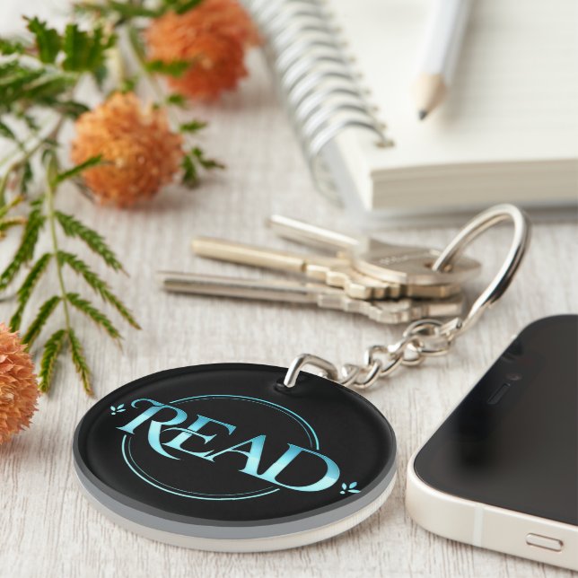 Majestic Blue Glass Typography "READ" Art Key Ring (Front Right)