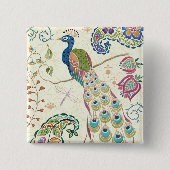 Majestic Blue Peacock 15 Cm Square Badge (Front)