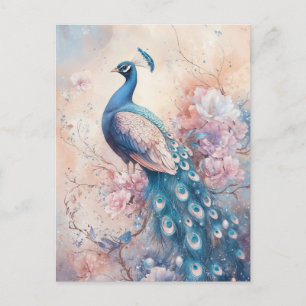 Majestic Blue Peacock in Pink Floral Garden Postcard
