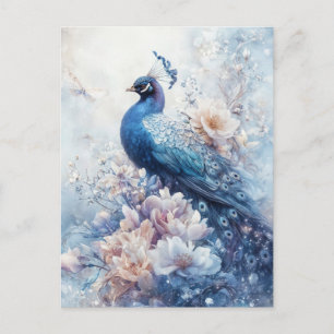 Majestic Blue Peacock in White Floral Garden Postcard