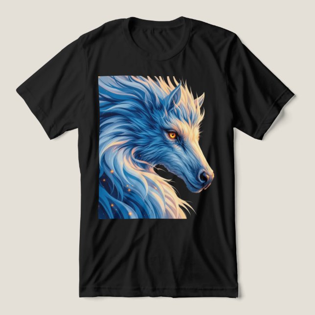 Majestic Blue Wolf with Glowing Eyes – Fantasy Art Tri-Blend Shirt (Design Front)