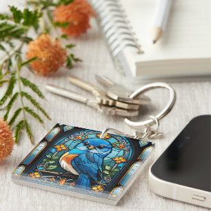 Majestic Bluebird Perched on Stained Glass Window Key Ring