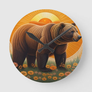 Majestic Brown Bear Standing in a Field Round Clock