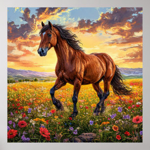 Majestic Brown Horse Running Poster