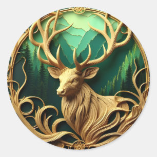 Majestic buck gazing out into a serene forest  classic round sticker