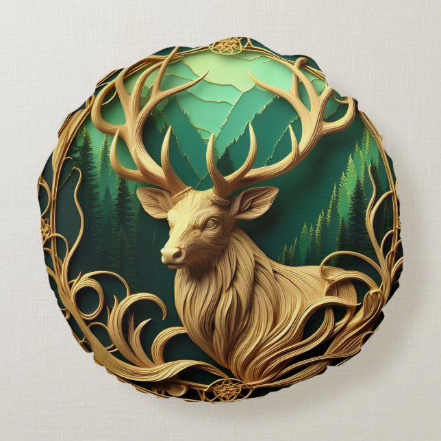 Majestic buck gazing out into a serene forest  round cushion (Back)