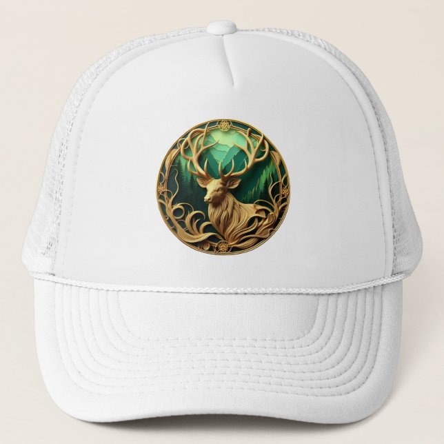 Majestic buck gazing out into a serene forest  trucker hat (Front)
