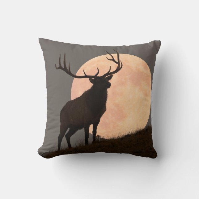Majestic Bull Elk and Full Moon Rise Cushion (Front)