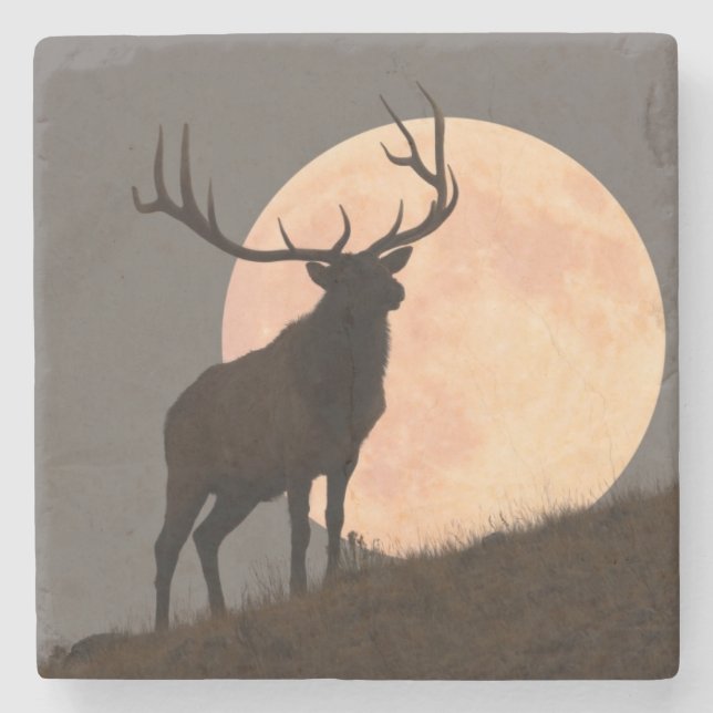 Majestic Bull Elk and Full Moon Rise Stone Coaster (Front)