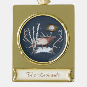 Majestic Bull Elk Bugling In The Moonlight Gold Plated Banner Ornament
