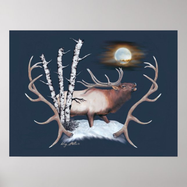 Majestic Bull Elk Bugling In The Moonlight Poster (Front)