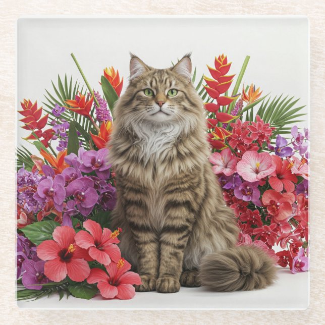 Majestic Cat Tropical Glass Coaster Design. (Front)