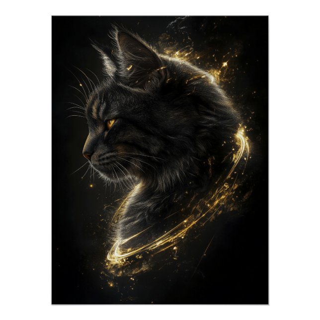 Majestic Cat with a Golden Aura in the Shadows Poster (Front)