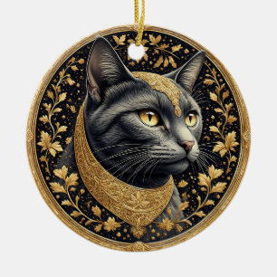 Majestic Cat with Ornate Floral Golden Details Ceramic Tree Decoration