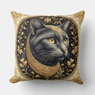 Majestic Cat with Ornate Floral Golden Details Cushion