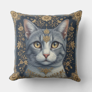 Majestic Cat with Ornate Floral Golden Details Cushion