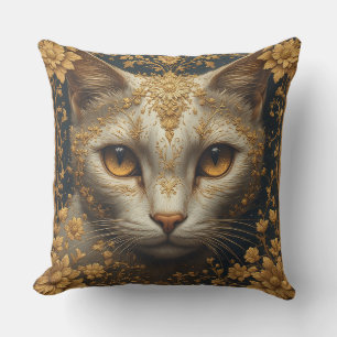 Majestic Cat with Ornate Floral Golden Details Cushion
