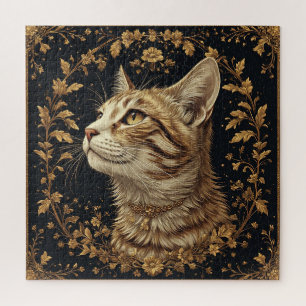 Majestic Cat with Ornate Floral Golden Details Jigsaw Puzzle
