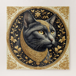 Majestic Cat with Ornate Floral Golden Details Jigsaw Puzzle