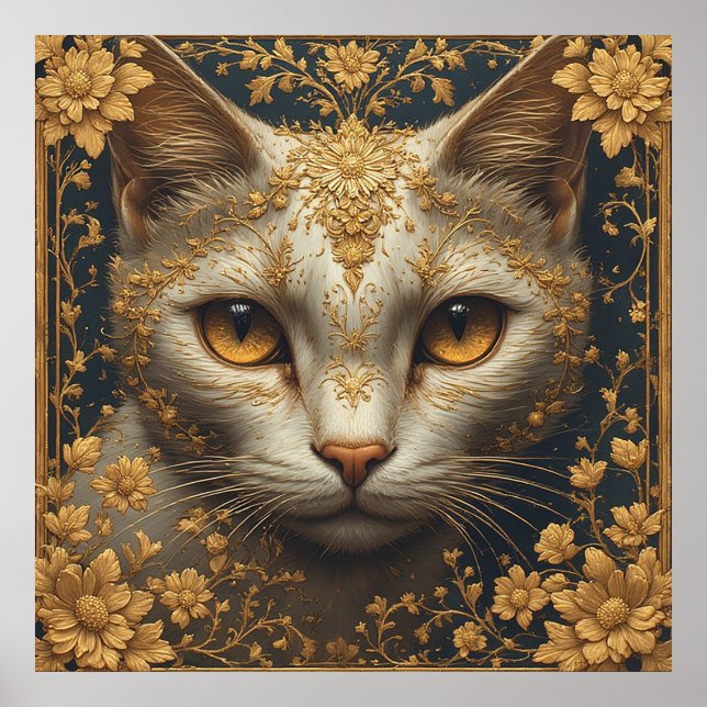 Majestic Cat with Ornate Floral Golden Details Poster (Front)