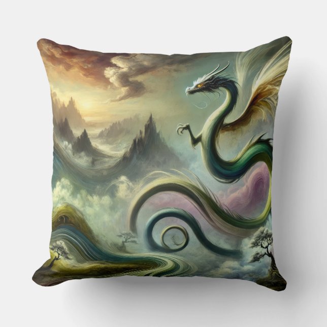 Majestic Celestial Dragon Over Fantasy Mountains Cushion (Front)