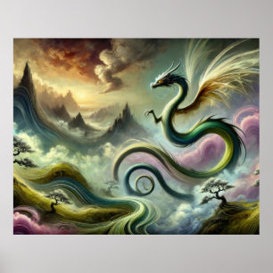 Majestic Celestial Dragon Over Fantasy Mountains Poster