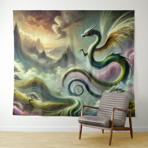 Majestic Celestial Dragon Over Fantasy Mountains Tapestry