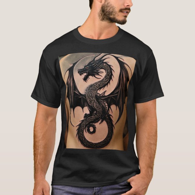 Majestic Celtic Dragon: Black Minimalist Tattoo  T-Shirt (Front)