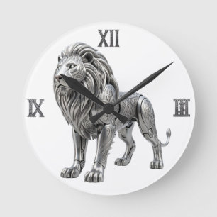 Majestic Celtic Silver Lion with Intricate Knot Pa Round Clock