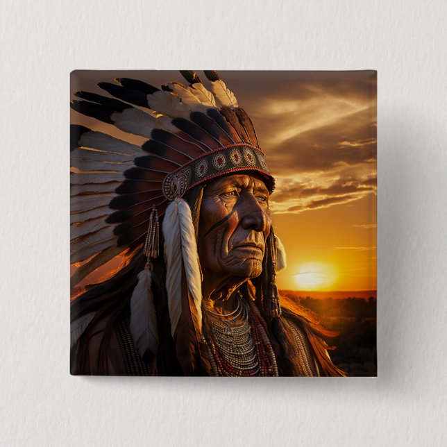  Majestic Chief Indian in the Wild West 15 Cm Square Badge (Front)