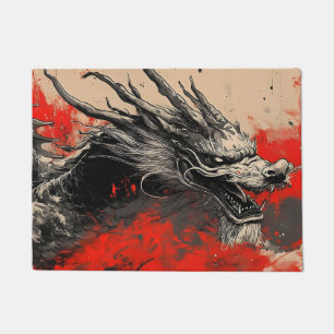 Majestic Chinese Dragon with Red Ink Splatter Doormat