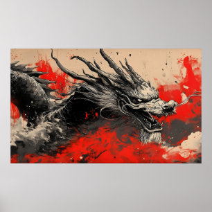 Majestic Chinese Dragon with Red Ink Splatter Poster