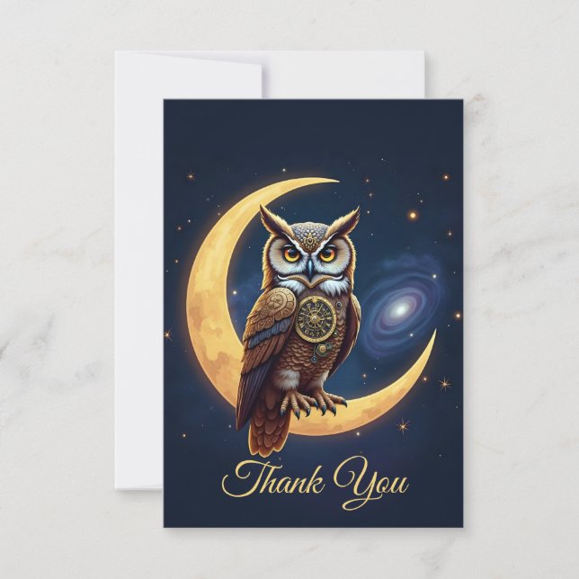 Majestic Clockwork Owl Perched On A Crescent Moon Thank You Card (Front)