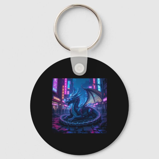 Majestic Cyberpunk Dragon Resting In Neon City Sti Key Ring (Front)