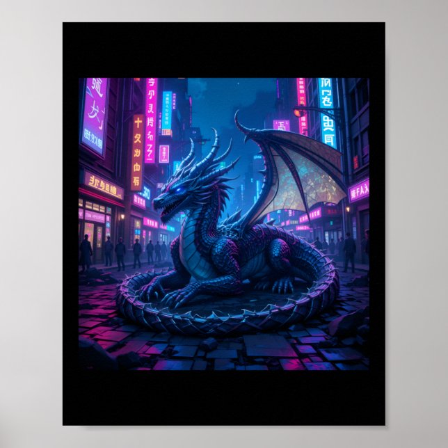 Majestic Cyberpunk Dragon Resting In Neon City Sti Poster (Front)