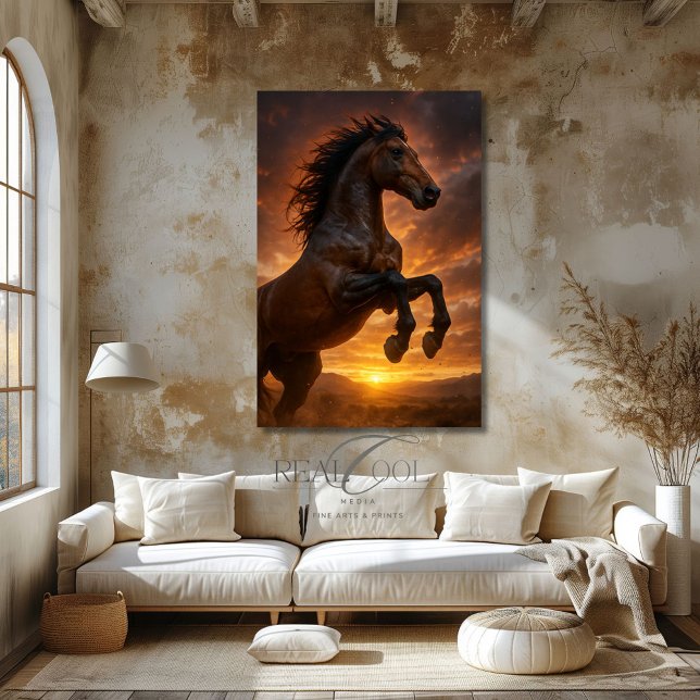 Majestic Dark Bay Horse Rearing in Crimson Light Poster (Creator Uploaded)