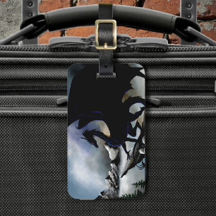 Majestic Dark Dragon Black Fantasy Mountains Luggage Tag