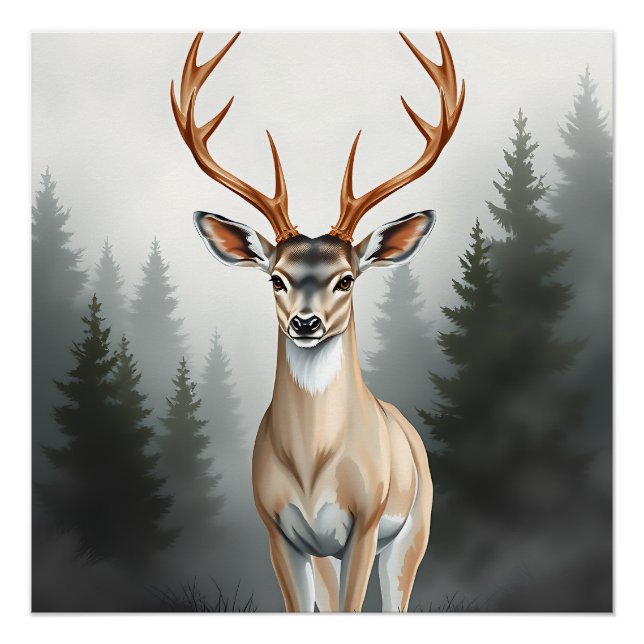 Majestic Deer in Misty Forest – Tranquil Wildlife  Poster (Front)