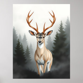 Majestic Deer in Misty Forest – Tranquil Wildlife Poster