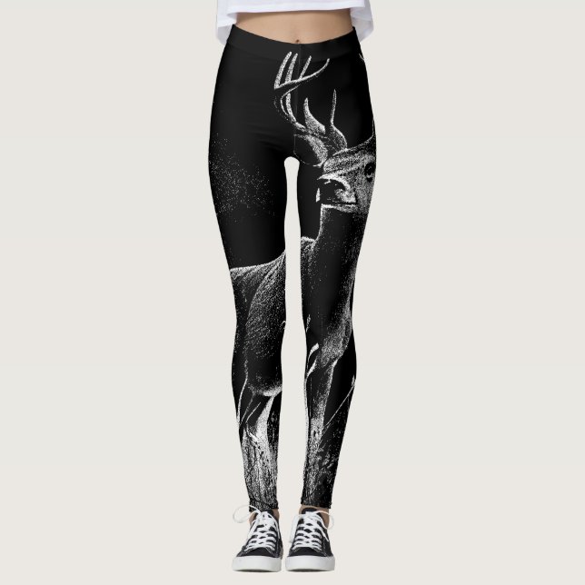 Majestic Deer in the Wilderness – Black&White Art Leggings (Front)
