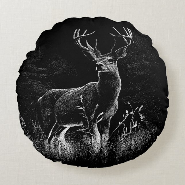 Majestic Deer in the Wilderness – Black&White Art Round Cushion (Front)