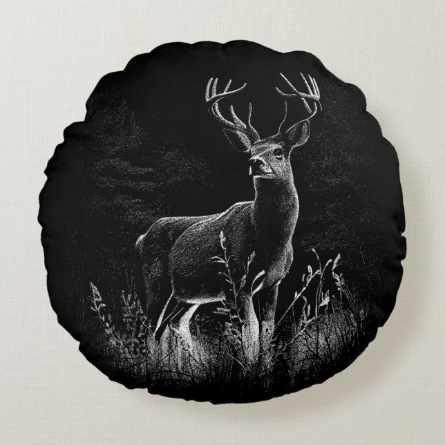Majestic Deer in the Wilderness – Black&White Art Round Cushion (Front)