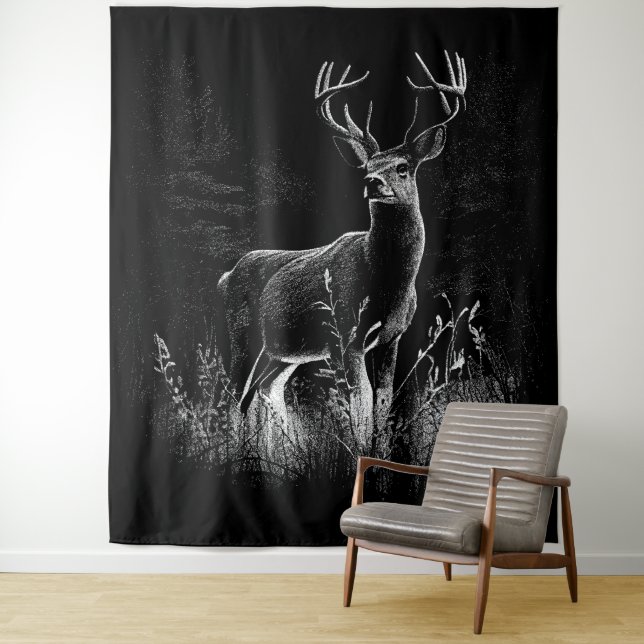 Majestic Deer in the Wilderness – Black&White Art Tapestry (In Situ)